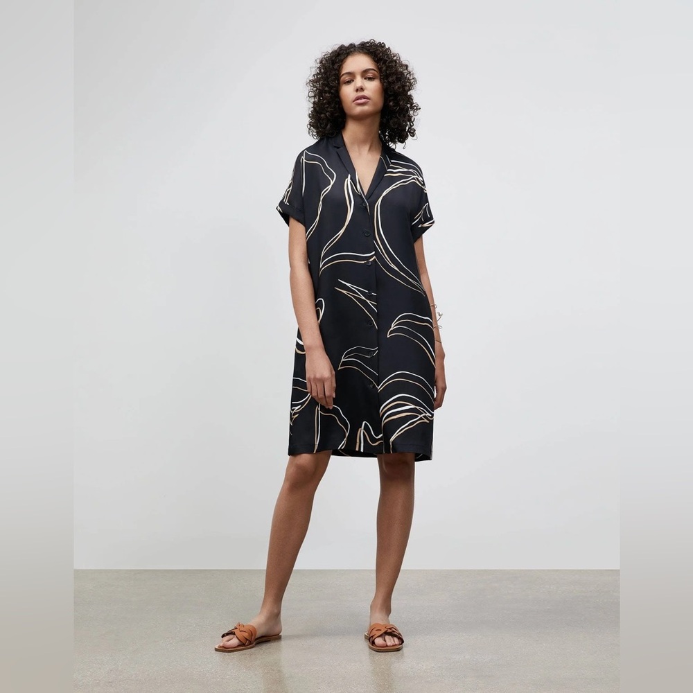 Lafayette 148 Silk Shirt Dress XS Black Abstract Print Button Front